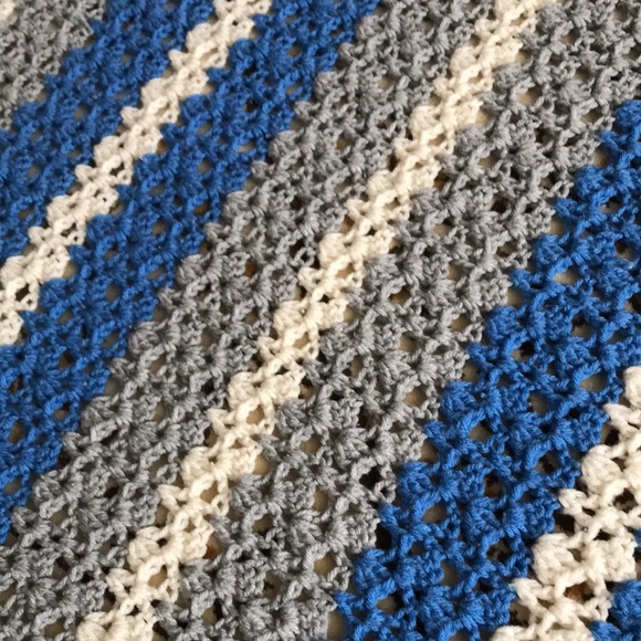 Handmade Queen Size Blue and Gray Striped Crochet Blanket - Picture 9 of 9
